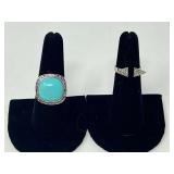 Ladies silver rings, both pieces are stamped 925, includes an open cuff ring with triangular ends, and one with a large cabochon, believed to be turquoise. See pictures for details. ￼