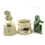 LR… Vintage ceramic salt seller, this piece is cracked, also comes with small planter figurine, believe to be vintage Shawnee pottery, and a vintage monkey figurine, “speak no evil”, see picture