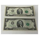 Two dollar bills, set of two, 1976 and 2003 A series, see pictures for details.