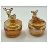 DEN…Vintage powder jars, two pieces, believed to be vintage Jeanette Marigold carnival glass, see pictures for details.