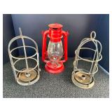 Vintage metal wire cloche, also known as a candle lantern or light bulb cage, set of two also includes a vintage looking lantern replica, see pictures for details.