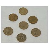 U.S. $1 coin from the Presidential Dollar Coin Program, seven pieces, with inscriptions and dates of presidency, see pictures for details.