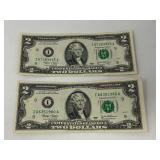 Two dollar bills, set of two, 2003 series, see pictures for details.