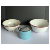 Vintage enamelware colander, mixing bowl, and pail with handle and lid. See pictures for details.