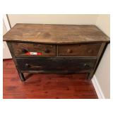 BR4… Rustic/primitive three drawer chest, items that may be shown in pictures are sold in separate lots, see pictures for details.