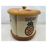 KIT… Vintage ceramic Lazy Susan canister set with wood lid and base, see pictures for details.