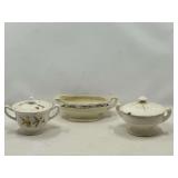 KIT… Vintage covered sugar dishes with lids, there is some cracking and light chipping present, also includes a vintage gravy boat, see pictures for details. ￼