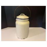 KIT… Vntage enamel milk pail with lid and handle, see pictures for details.