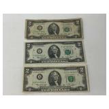 Two dollar bills, set of three, 1976 series, see pictures for details.
