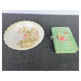 Vintage Steubenville China serving bowl, also includes a vintage tole painted crumb box/table sweep, see pictures for details.