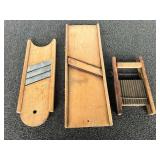 Vintage wooden mandolin slicers, set of three, please inspect, not sure if all parts are there, see pictures for details.
