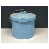 Vintage blue enamelware pot with lid and handle, see pictures for details.