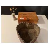 BR4… Vintage wooden carved box, cache planter, and vintage porcelain hat pin holder, see pictures for details.