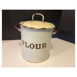 KIT…Vintage enamel flour bin with lid and handles, see pictures for details.