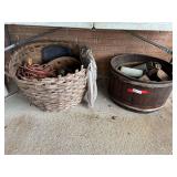 Vintage wooden half barrel, with content, also includes a vintage woven basket with content, see pictures for details.