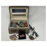 Small jewelry box with assorted polished stones, and more. See pictures for details.