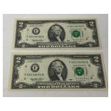 Two dollar bills, set of two, 1995 series, see pictures for details.