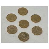 U.S. $1 coin from the Presidential Dollar Coin Program, seven pieces, with inscriptions and dates of presidency, see pictures for details.