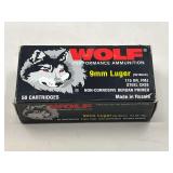 DEN… Wolf 9 mm Luger, 115 grain ammunition. One boxe, tub is not included, see pictures for details.