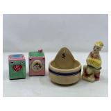 KIT… Vintage ceramic wall pocket, I love Lucy salt and pepper shakers, also includes a vintage salt shaker, believed to be vintage Shawnee pottery, see pictures for details. ￼