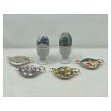 KIT… Vintage alabaster/marble etched eggs with egg cups, also includes lovely teapot shaped teabag holders, see pictures for details.