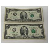 Two dollar bills, set of two, 1995 series, see pictures for details.