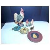 BR3…Folk art chicken decor, large piece is missing a piece of its top notch, also includes candlestick holders, and more, see pictures for details.