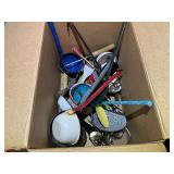BR3… Box lot of assorted vintage kitchen utensils to include an enamelware ladle, large slotted spoon, hand mixer, potato masher, and much more. See pictures for details.