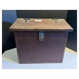 LR… Vintage custom storage box with hinged slanted lid and hasp, with content, see pictures for details.
