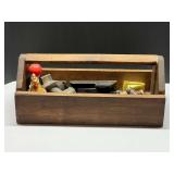 DEN…Vintage wooden tool carrier with assorted vintage household items, see pictures for details.