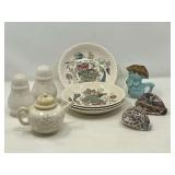 KIT…Nini collectible miniature “teapot”, vintage Johnson Brothers saucers, “Bird of Paradise”, seashell souvenirs, Mikasa salt and pepper shakers, and more. See pictures for details. ￼