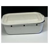Vintage enamelware bin with lid, most likely used for storage and or sterilization, see pictures for details.