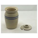 DEN… Miniature stoneware crock/churn with lid, lid is broken, the piece is included. See pictures for details.
