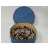 Round wooden storage/pantry box filled with assorted coins. Uncounted, but weighed, approximately 6.5 pounds of quarters, dimes, nickels, and pennies. See pictures for details.
