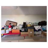 Laundry… Shelf lot marked 1426, includes all content on shelf of assorted household items to include a vintage enamel wear bucket with handle, heavy duty packing tape, disposable steam table pans, e