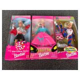 Olympic Gymnast Barbie, 25th anniversary of Walt Disney World Barbie, and Fifties Fun Barbie, all three pieces come in original boxes, see pictures for details.
