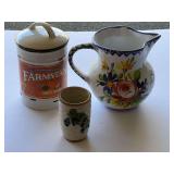 Lovely Italian made pitcher, decorative candle, and ceramic juice cup with embossed grape and leaf motif, see pictures for details.