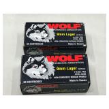 DEN… Wolf 9 mm Luger, 115 grain ammunition. Two boxes, tub is not included, see pictures for details.