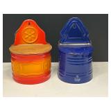 Vintage wall mount, enameled food storage containers, i.e. salt, sugar, flour etc., two pieces, see pictures for details.