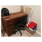 Laundry… Vintage wooden desk with rounded top, comes with desk chair, also comes with vinyl mini blinds, assorted yardsticks, mystery box of assorted sewing items, and more. See pictures for details