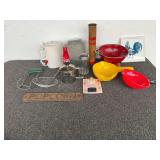 Assortment of kitchen items to include an enamel colander, sifter, timer, vintage sugar jar, vintage baster, comes in original tube, and more. See pictures for details. ￼