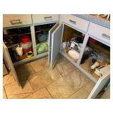 KIT… Lower kitchen cabinet and drawer lot marked 1160, includes all content of cabinets and drawers from edge of stove to edge of refrigerator, items include assorted storage containers, Fry Daddy, 