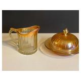 LR… Vintage panel carnival glass creamer, also includes a ribbed vintage glass butter dish with lid believed to be vintage Imperial glass Marigold Carnival glass, there is some chipping on the lid r