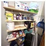 Laundry… Shelf lot marked 1436, includes all contents of  four shelves as well as items on floor underneath and utility rack on the wall. Items include assorted cleaning products, woven basket, area