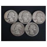 (5) WASHINGTON QUARTERS - 90% SILVER
