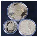 VARIOUS MEDALS INCLUDING GEORGE WASHINGTON, REPLICA 1822 $5 COIN AND THE SOUTH RESPONDS TO THE START OF THE CIVIL WAR