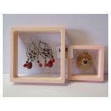 Filigree Earrings and Round Pendant with Red Accents