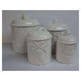 Four White Ceramic Vegetable Embossed Kitchen Lidded Canisters