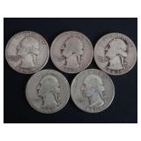 (5) WASHINGTON QUARTERS - 90% SILVER