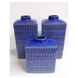 Set of 3 Blue Glazed Ceramic Vases